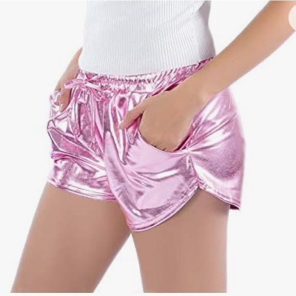 🌞QuiMi Lover High Waisted Pink Metallic Barbiecore Running Shorts - Picture 3 of 12